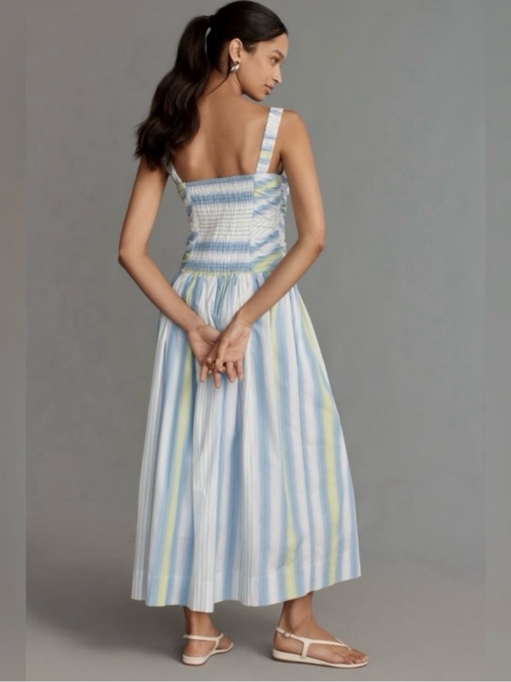 NWT Anthropologie Smocked Stripe Maxi Dress | Blue White Green | Size L - Picture 3 of 4